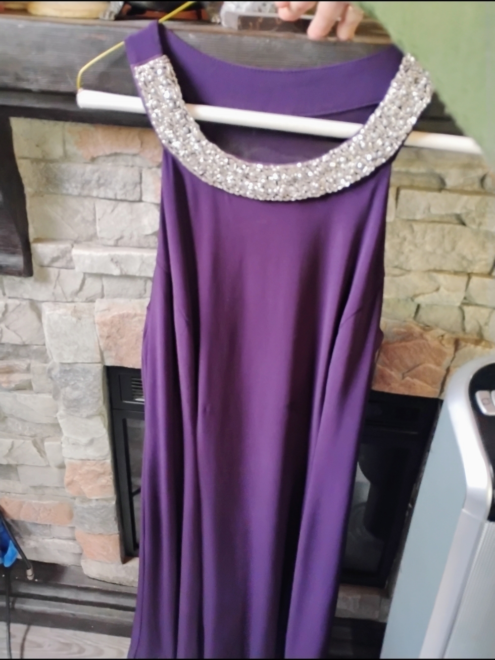 Scarlett Purple Midi Dress To Knee  with Crystal-Embellished Collar, Mesh Back.